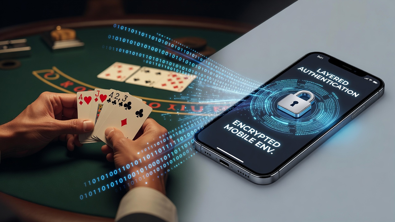 Blackjack table setup integrated with mobile encryption interfaces showing layered authentication flows