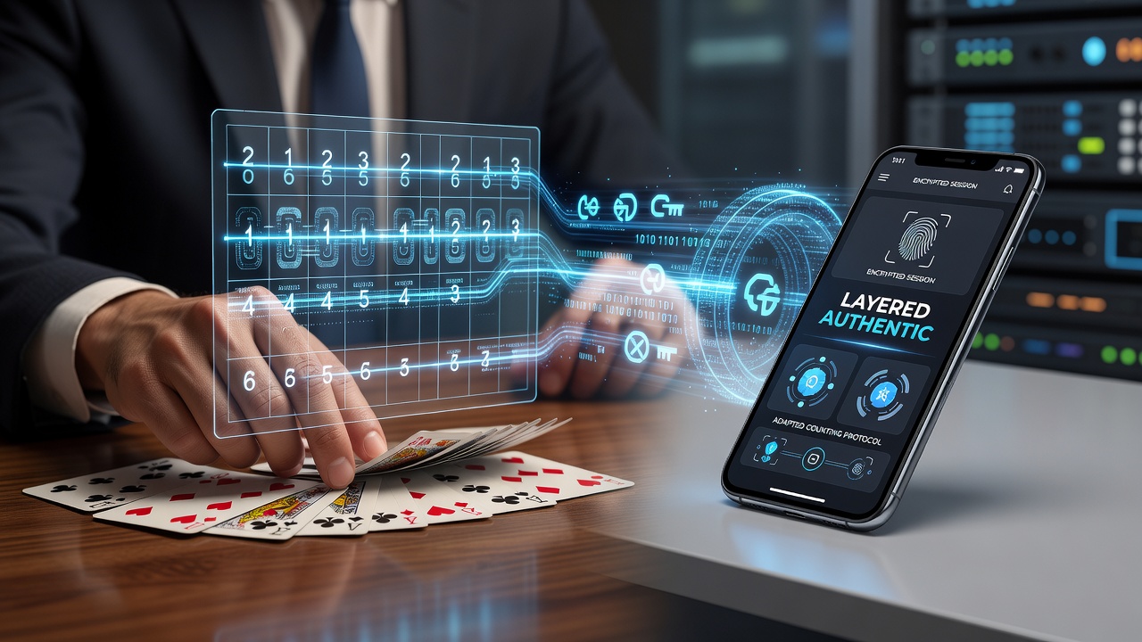 Mobile device displaying encrypted blackjack interface with authentication checkpoints highlighted