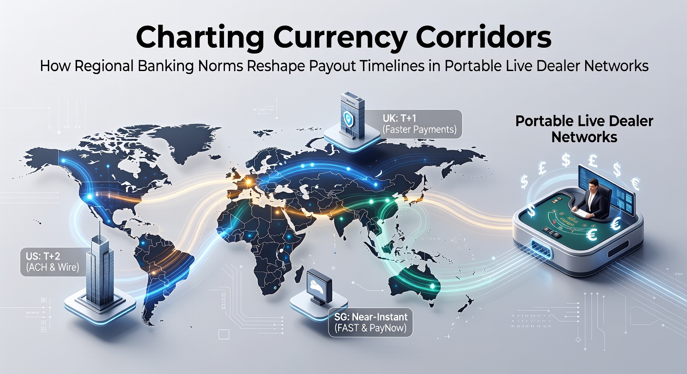 Map overlay showing currency corridors connecting regional banks to mobile live dealer platforms across continents