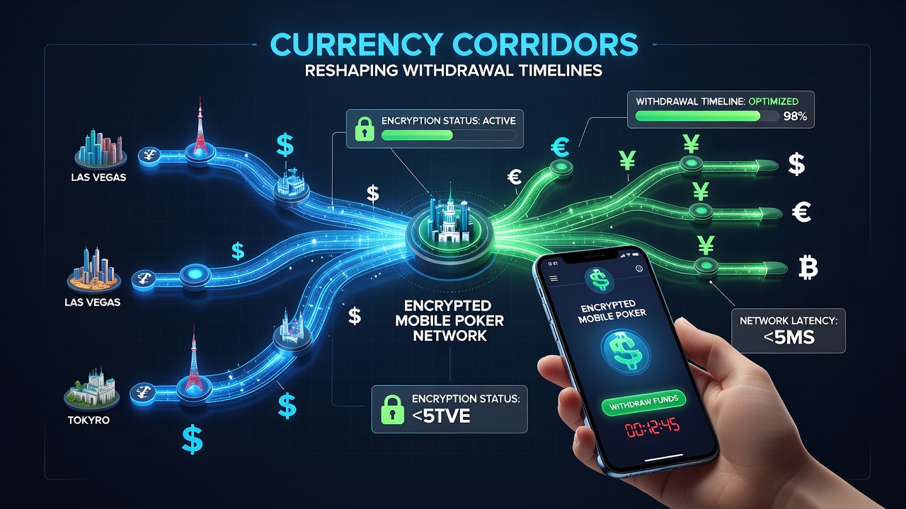 Mobile poker interface displaying withdrawal options routed through different currency corridors