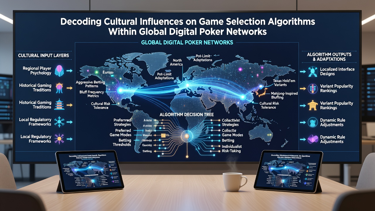 Algorithm dashboard displaying regional poker variant recommendations with cultural preference indicators and player distribution maps