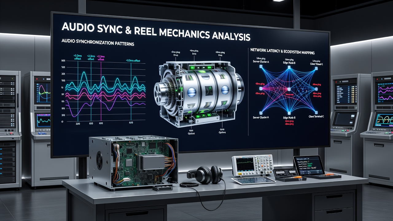 Diagram illustrating networked video slot architecture with audio and reel sync layers