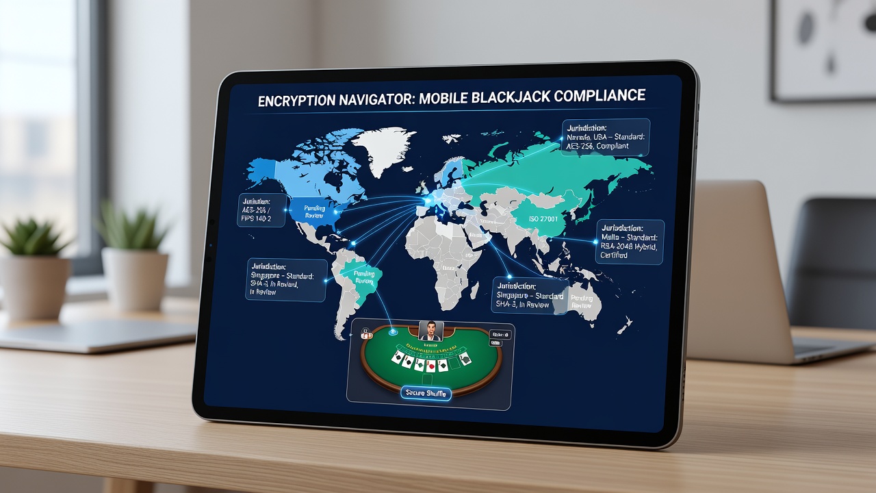 Network diagram showing encrypted data flows between mobile blackjack servers and regulatory oversight systems across jurisdictions