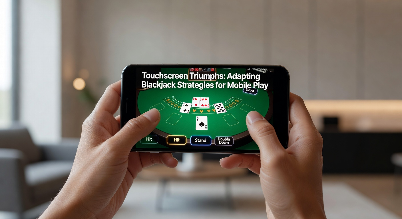 Smartphone displaying a mobile blackjack game with cards and betting chips on a touchscreen interface