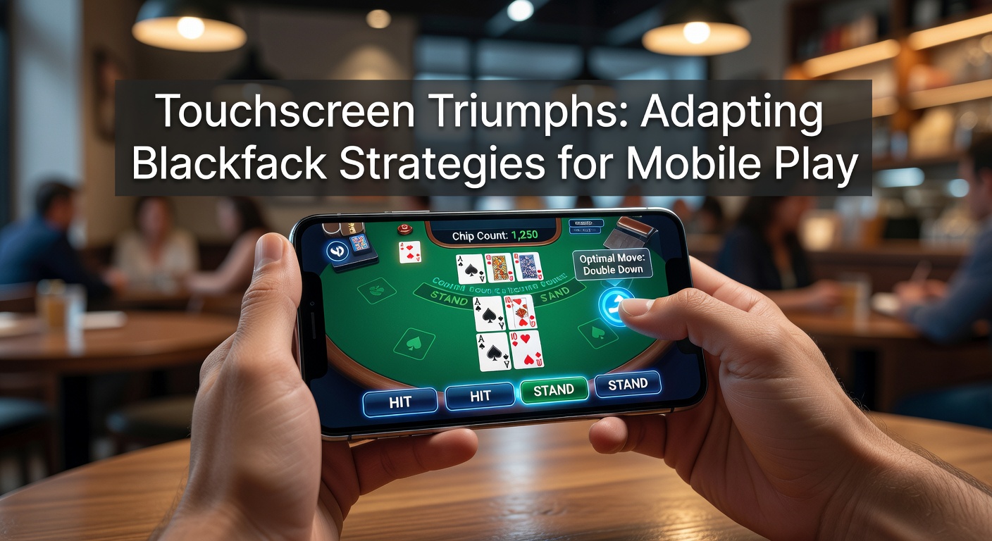 Close-up of thumbs interacting with a blackjack app on a phone screen, showing strategy chart overlay and bet sliders